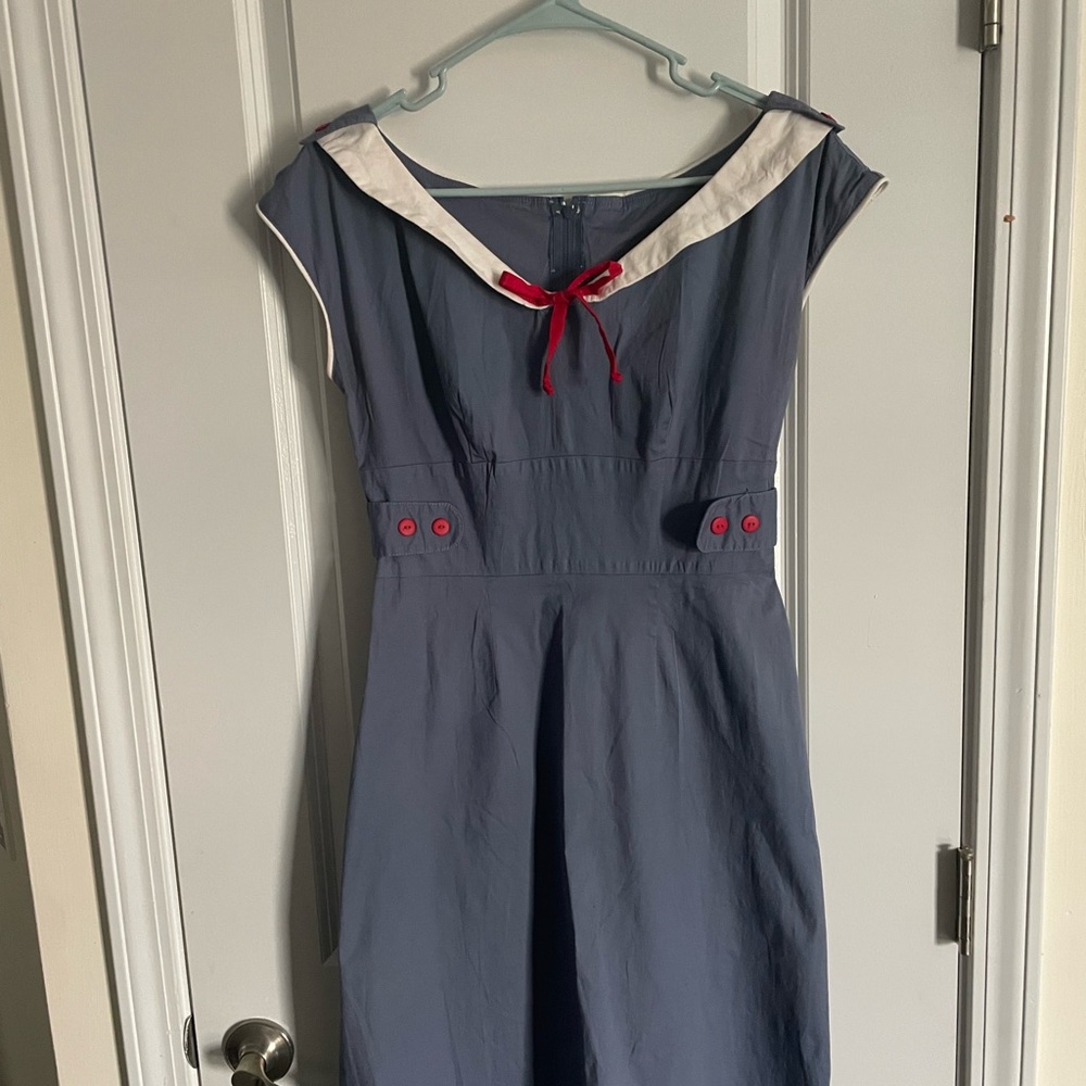 Stop Staring Navy Dress with White and Red Details